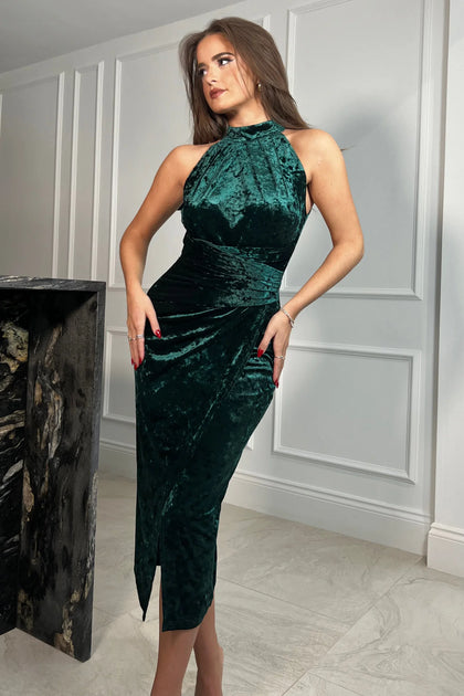 Girl in Mind Alessia Velvet Halter Neck Midi Dress in Green – She Selected