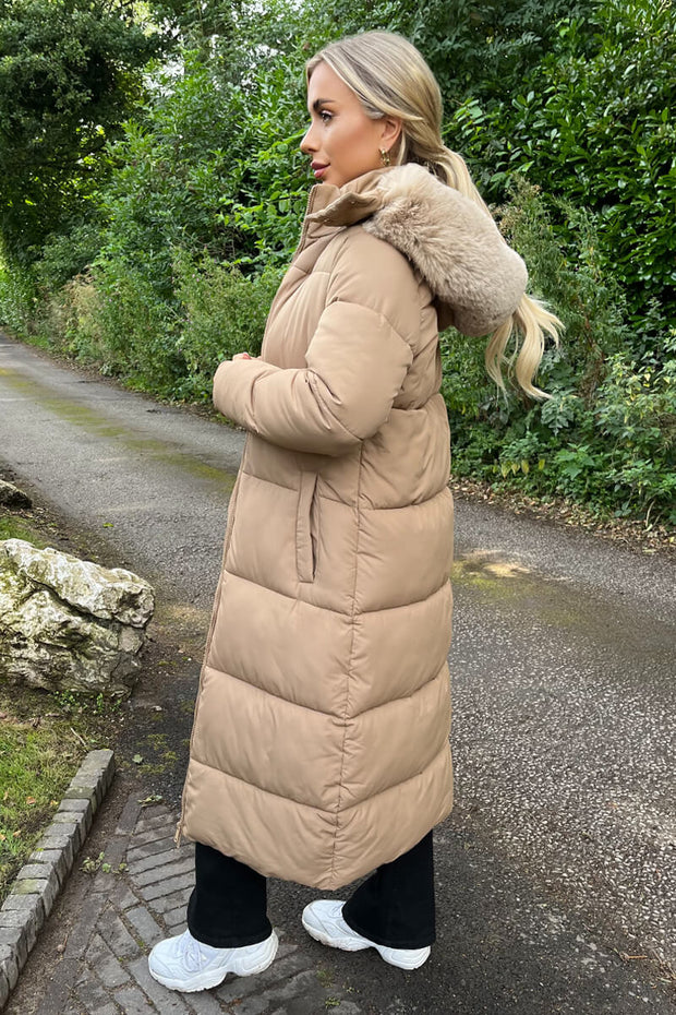 Beige Long Coat with a faux fur hood