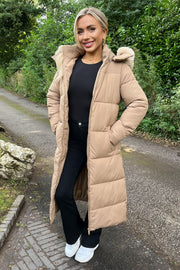 Beige Long Coat with a faux fur hood