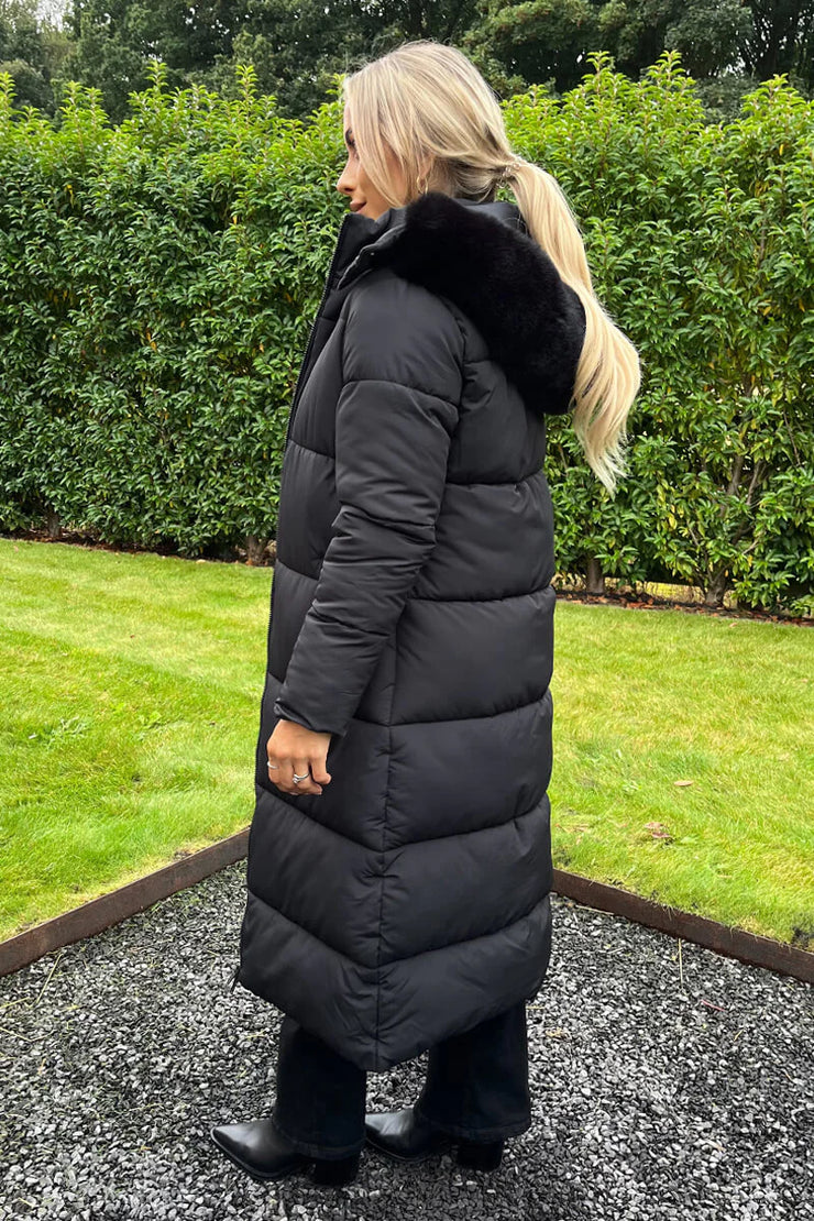 Black Longline Coat with Faux Fur Hood