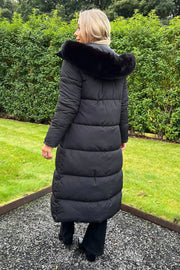 Black Longline Coat with Faux Fur Hood