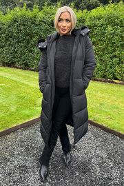 Black Longline Coat with Faux Fur Hood