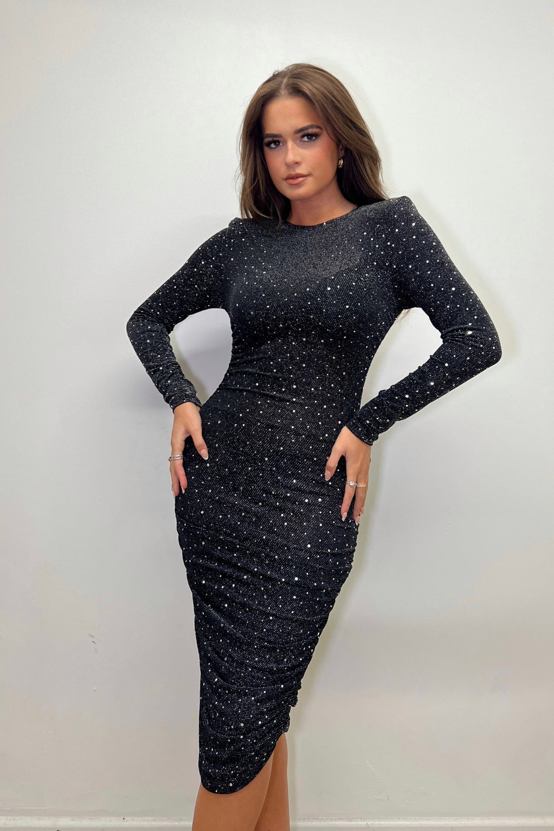AX Paris Black Sparkle and Sequin Long Sleeve Ruched Bodycon Midi Dres She Selected AX Paris Black Sparkle and Sequin Long Sleeve Ruched Bodycon Midi Dres She Selected