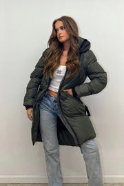 AX Paris Khaki Hooded Long Line Puffer Coat
