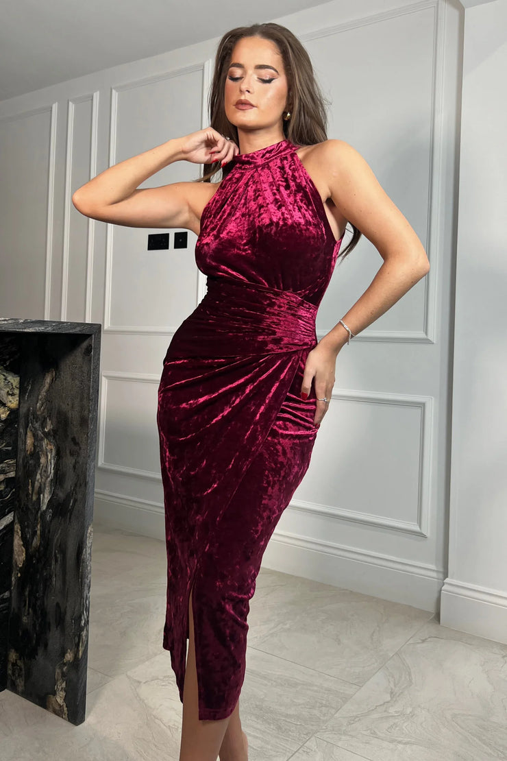 Girl in Mind Alessia Velvet Halter Neck Midi Dress in Wine She Selected Girl in Mind Alessia Velvet Halter Neck Midi Dress in Wine She Selected