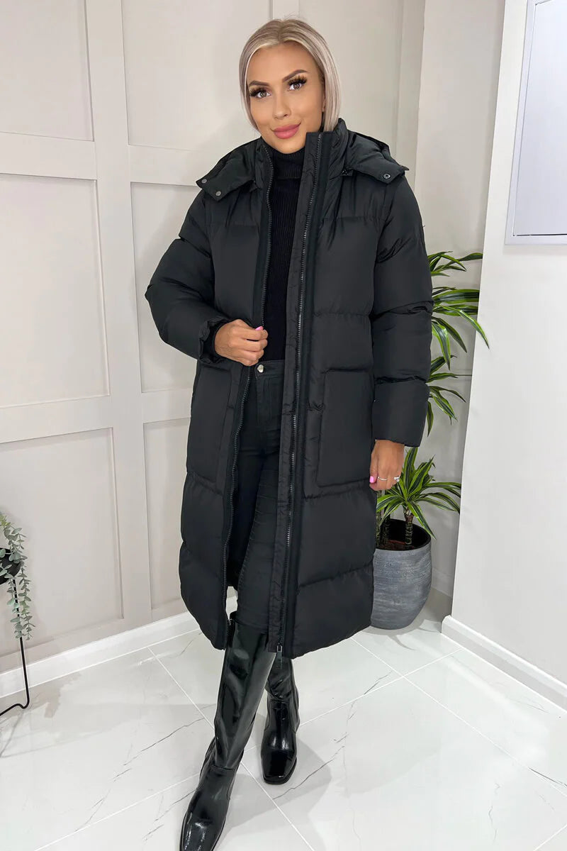 Black Hooded Puffer Coat with Zip Front Pockets – AX Paris