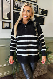 AX Paris Black and Cream Zip Front Striped Knitted Jumper