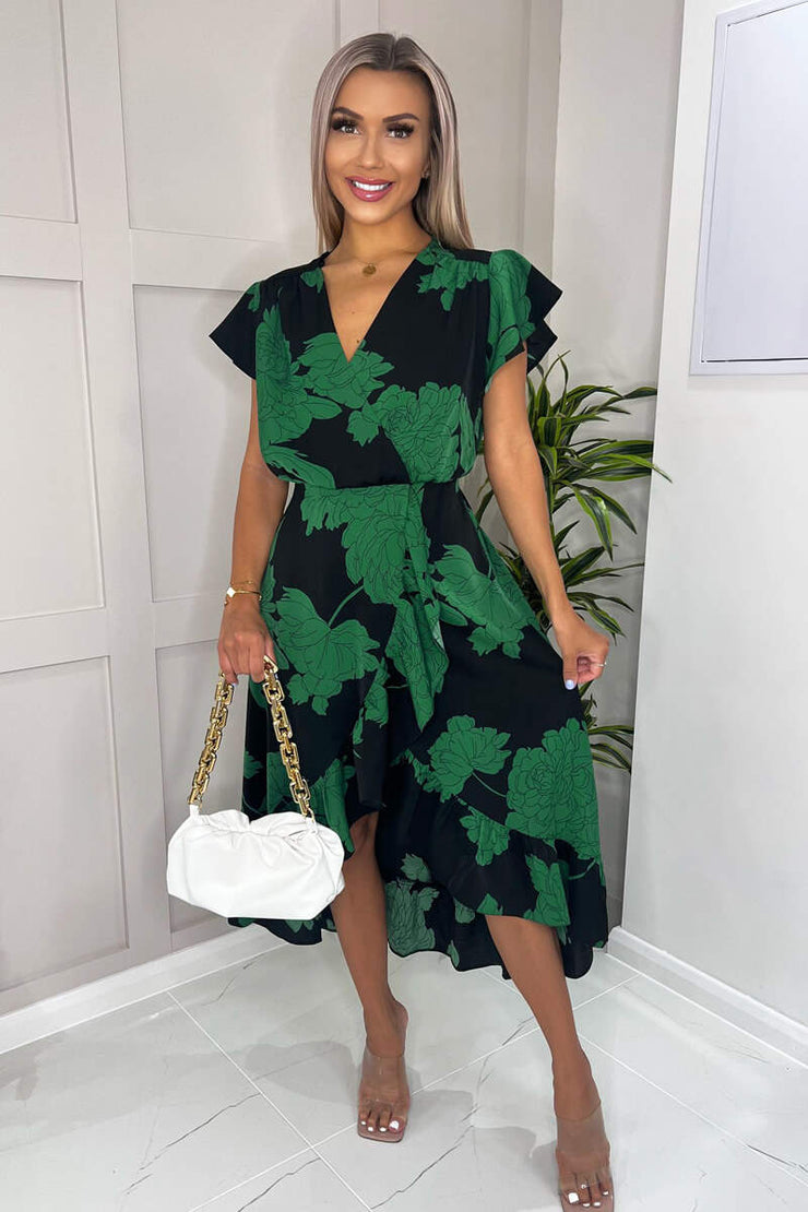 AX Paris Black And Green Floral Print Wrap Midi Dress – She Selected