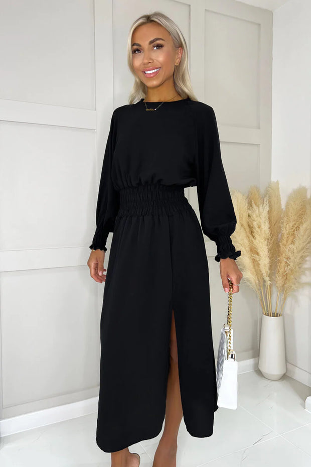 AX Paris Black Long Sleeve Shirred Detail Midi Dress