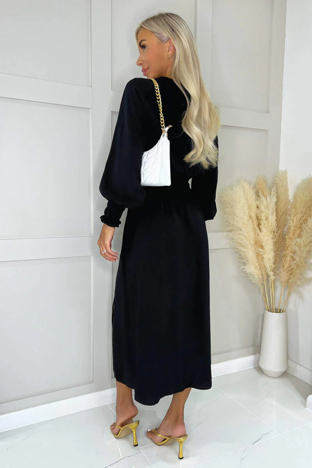 AX Paris Black Long Sleeve Shirred Detail Midi Dress