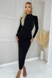 AX Paris Black Sparkly Long Sleeve Ruched Bodycon Midi Dress