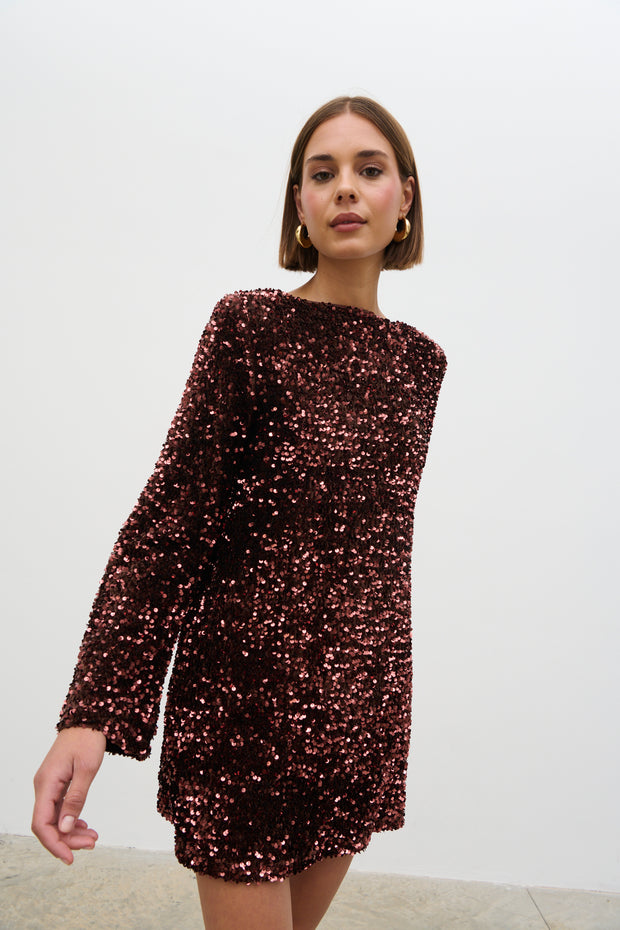 Pretty Lavish Bow Cluster Sequin Shift Dress In Brown