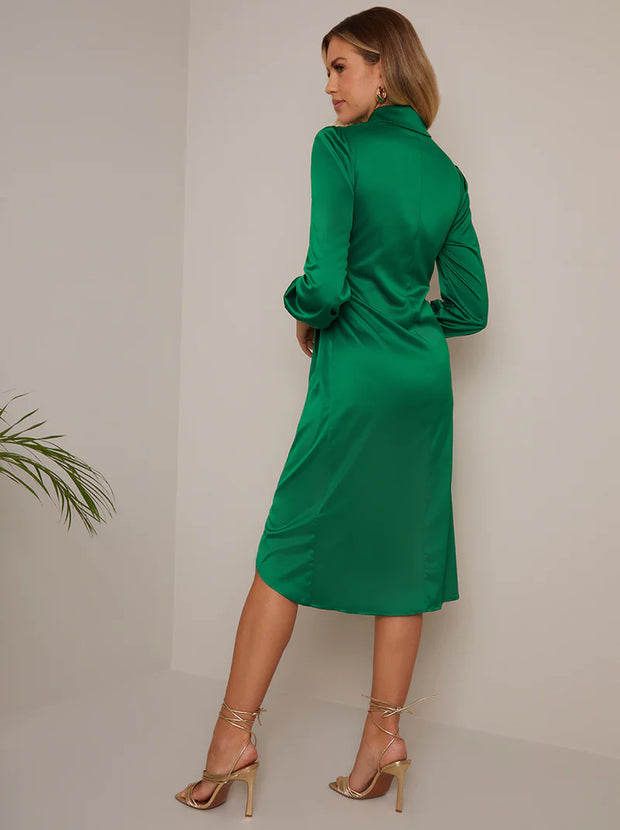 Chi Chi Balloon Sleeve Tie Detail Shirt Dress in Green