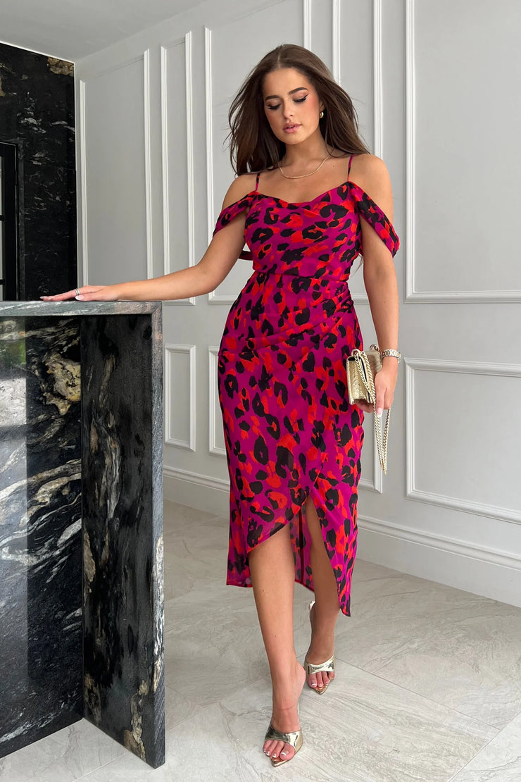Girl in Mind Camila Purple Animal Wrap Over Midi Dress