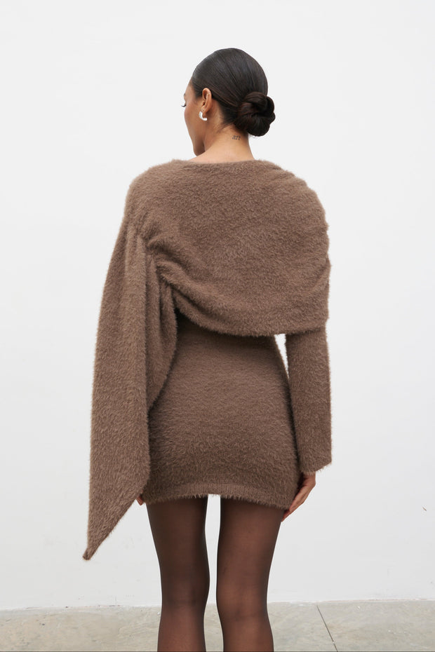 Woman wearing a brown sweater dress against a white background