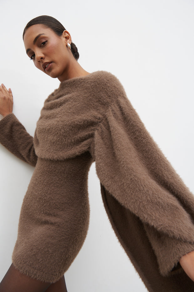 Woman wearing a brown fuzzy sweater dress against a white background