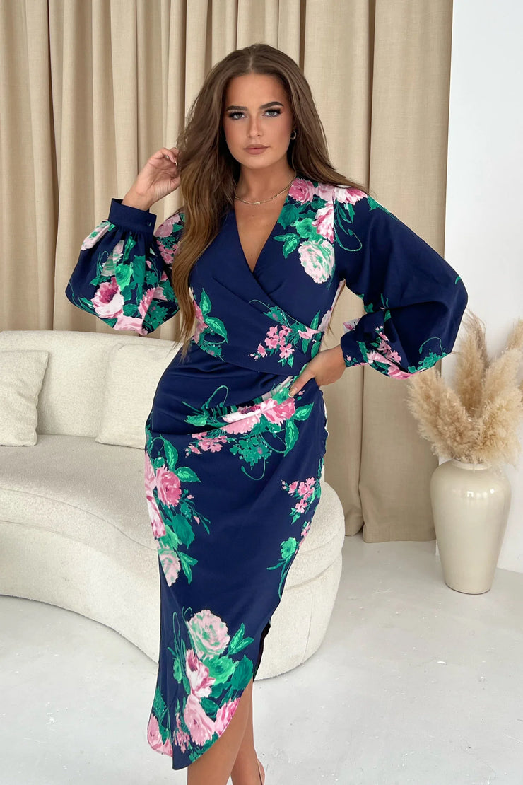 Navy and pink floral wrap dress outlet