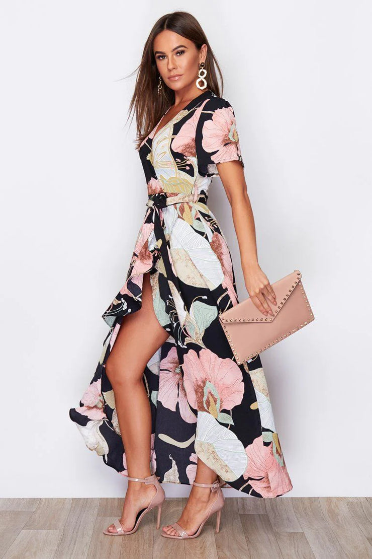 Girl in Mind Farren Split Hem Frill Detail Wrap Maxi Dress in