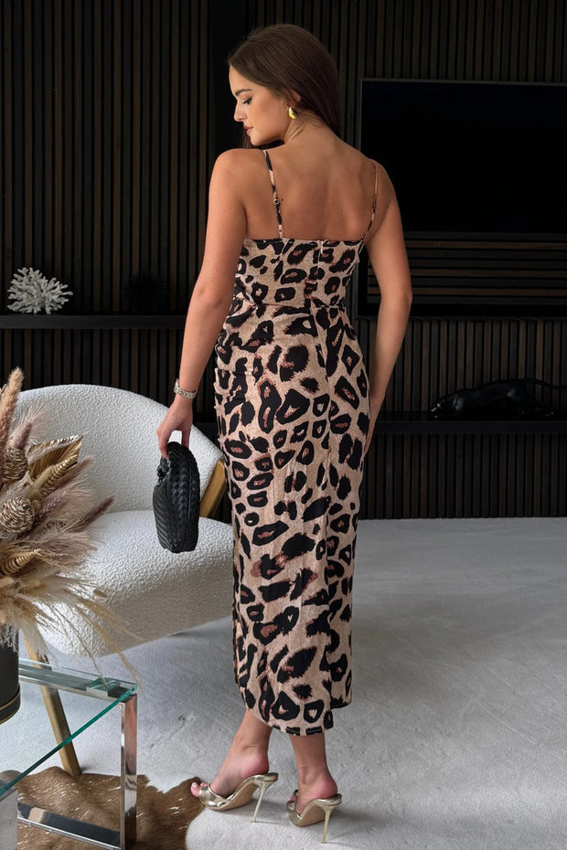 Girl In Mind Selena Leopard Ruched Midi Dress