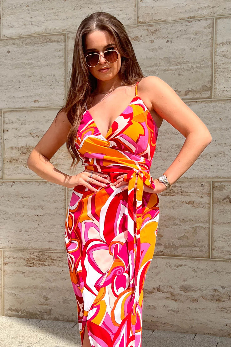 Girl in Mind Mia Pink and Orange Wrap Maxi Dress She Selected