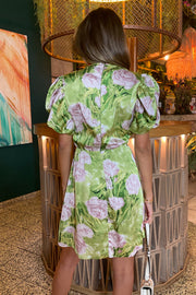AX Paris Green Floral Print Short Puff Sleeve Gathered Side Mini Dress