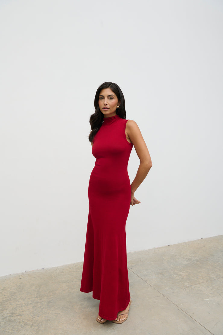 Hannah High Neck Knit Maxi Dress In Red Hannah High Neck Knit Maxi Dress In Red