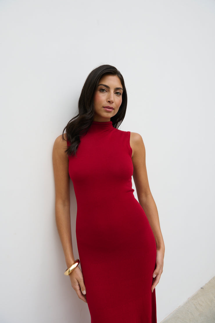 Hannah High Neck Knit Maxi Dress In Red