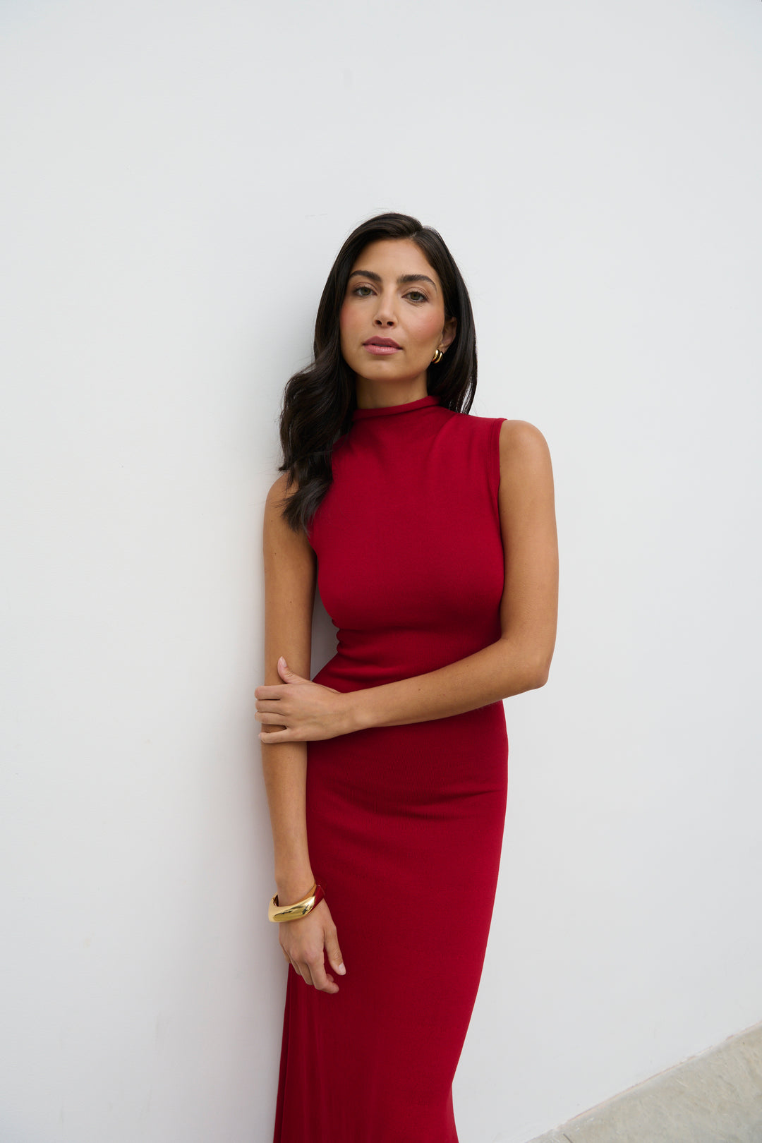 Hannah High Neck Knit Maxi Dress In Red