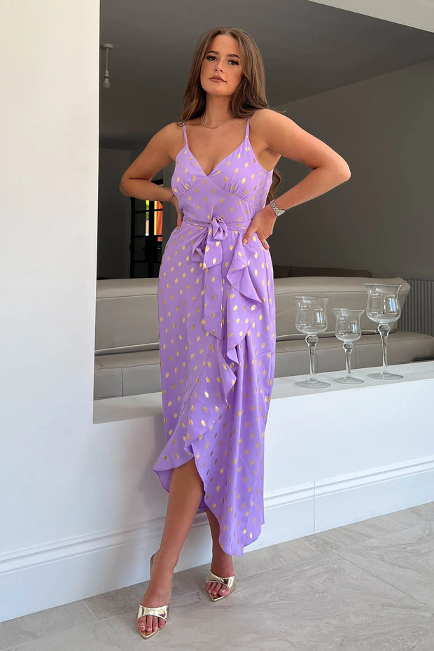 Girl in Mind Isadora Lilac with Gold Foil Cami Frill Detail Maxi Dress