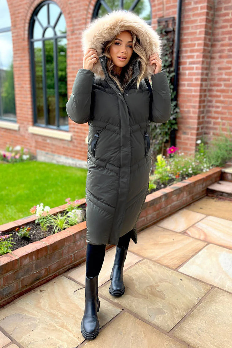 AX Paris Khaki Faux Fur Trim Hooded Puffer Coat She Selected