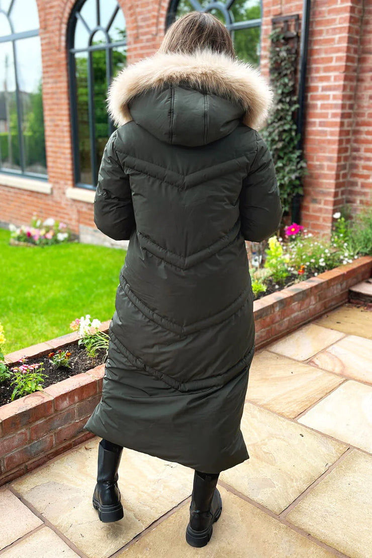 Khaki fur trim hooded parka best sale