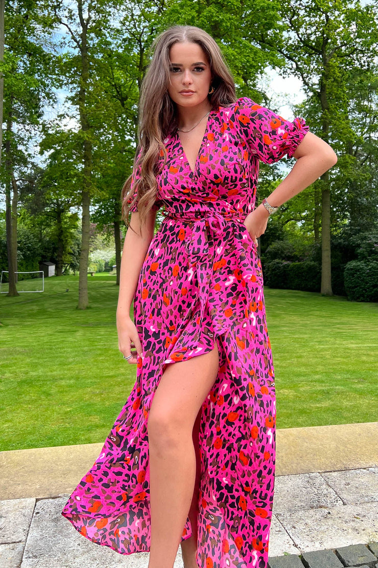 Girl in Mind Lydia Split Hem Frill Detail Pink Leopard Maxi Dress