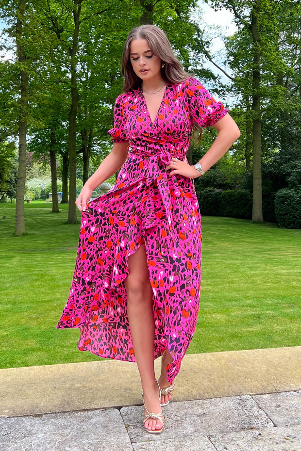 Girl in Mind Lydia Split Hem Frill Detail Pink Leopard Maxi Dress