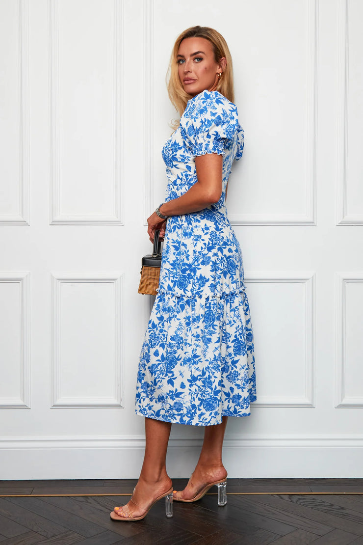 Girl in Mind Maya Wrap Tierred Midi Dress in Blue Floral She