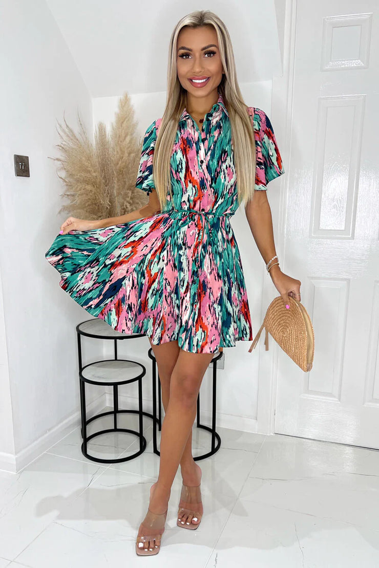 AX Paris Multi Abstract Printed Short Sleeve Belted Skater Dress