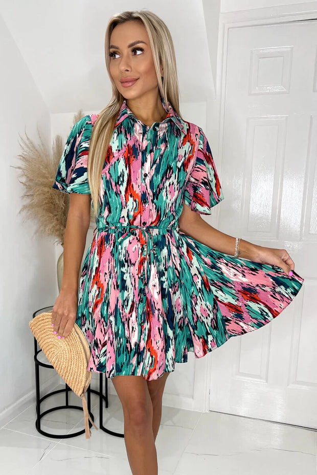 AX Paris Multi Abstract Printed Short Sleeve Belted Skater Dress