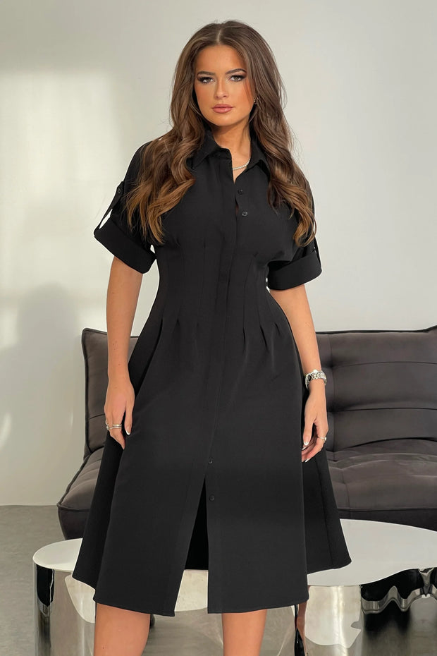Girl in Mind Porscha Black Pleated Midi Shirt Dress