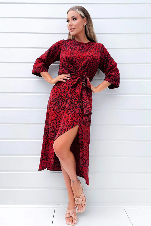 AX Paris Animal Print Tie Front Midi Dress In Red And Black