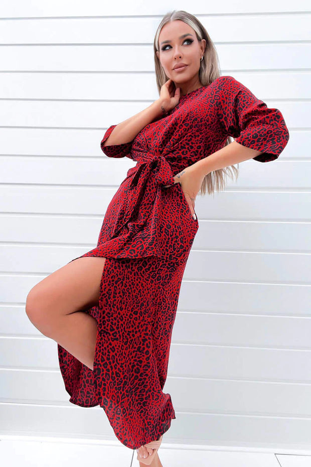 AX Paris Animal Print Tie Front Midi Dress In Red And Black