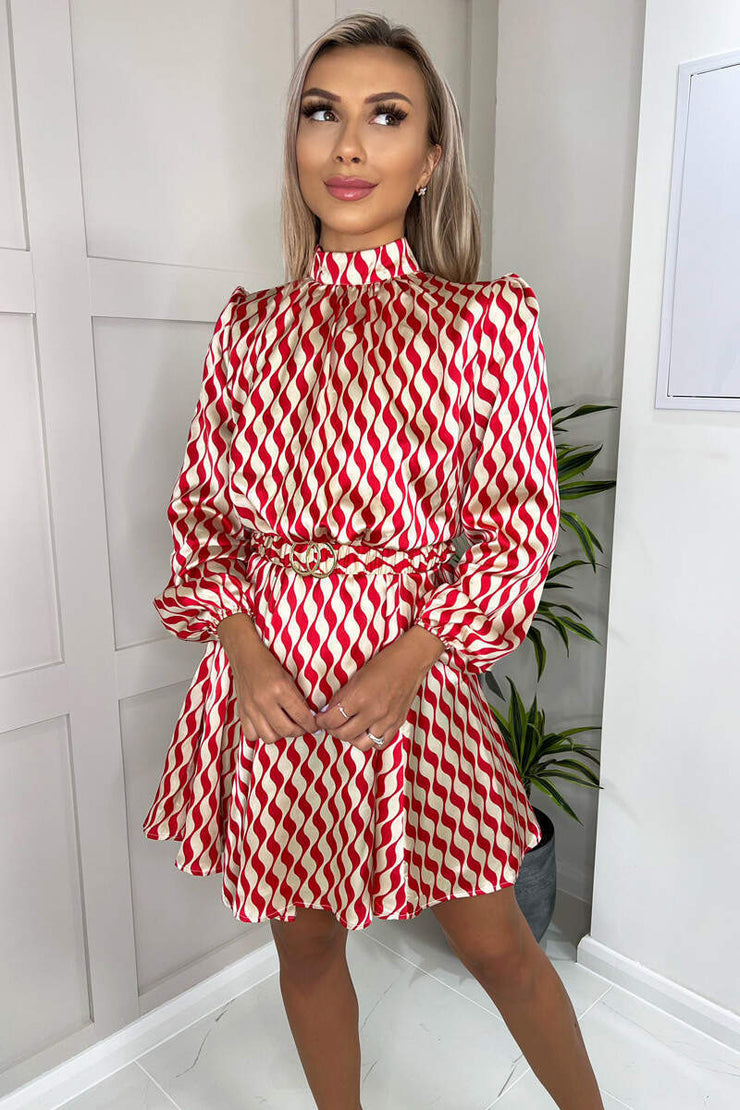 AX Paris Red and Stone Printed Long Sleeve Skater Dress