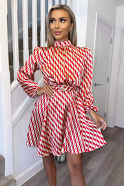 AX Paris Red and Stone Printed Long Sleeve Skater Dress