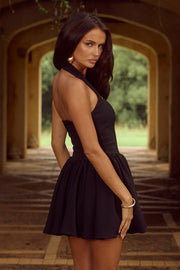 black mini dress with halter neck