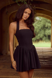 black mini dress with halter neck