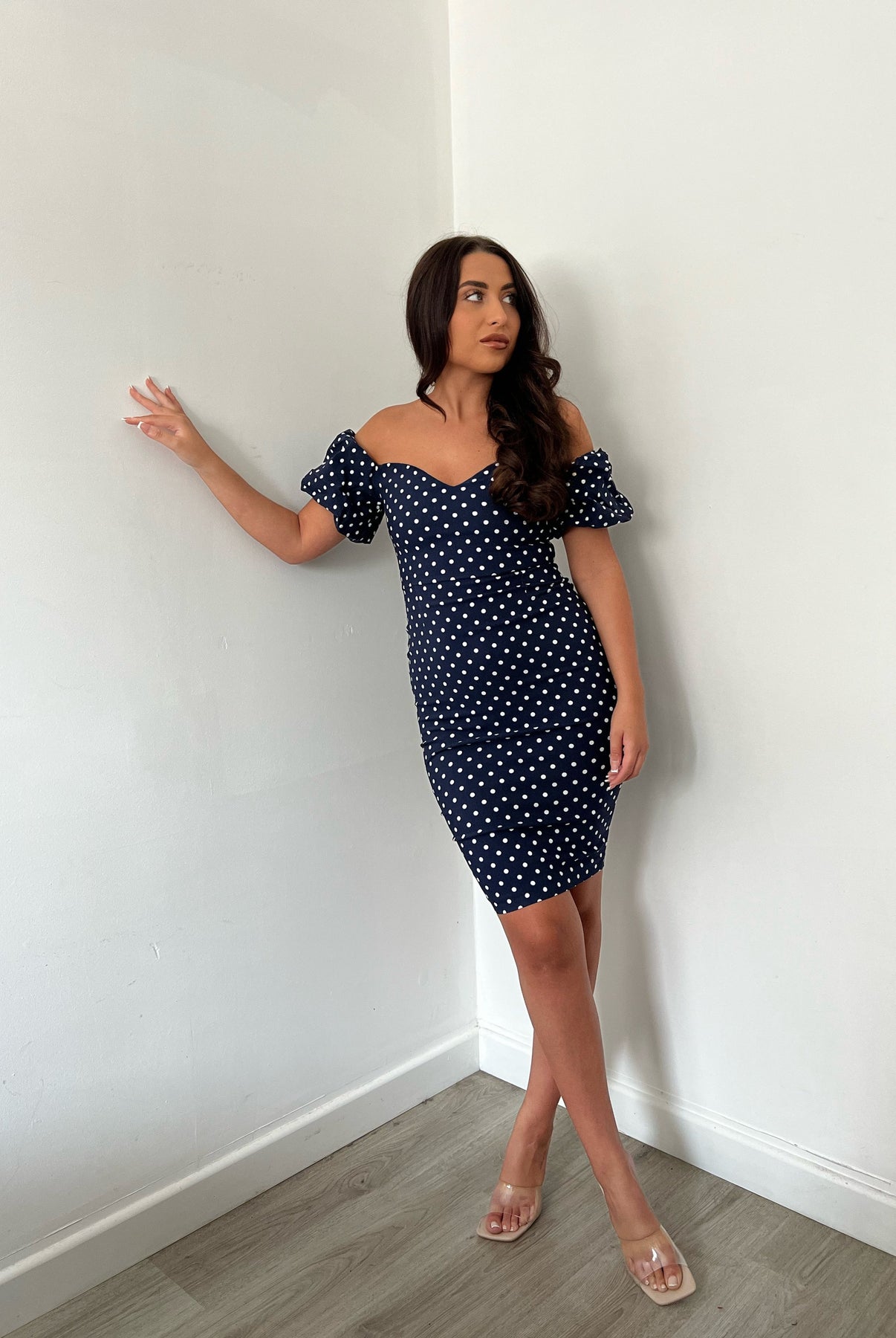 Vesper 247 Anastasia Navy Polka Dot Bardot Midi Dress – She Selected