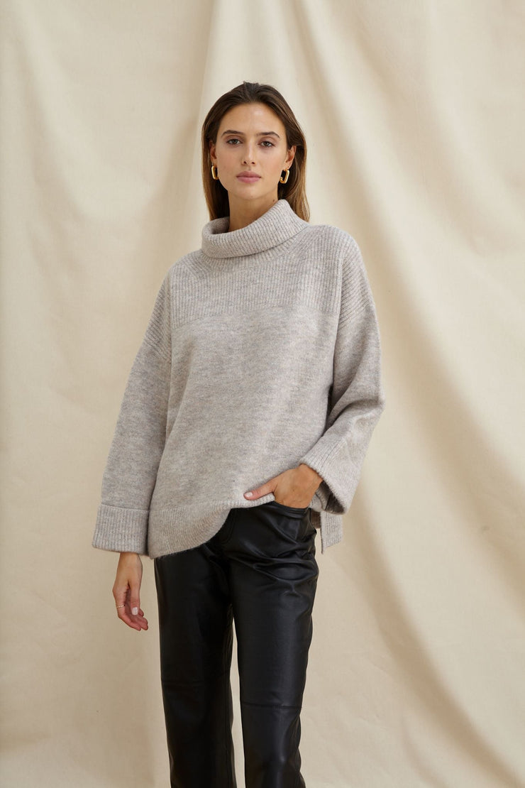 Charli Vanessa High Neck Sweater in Grey Melange