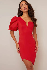 Chi Chi One Shoulder Puff Sleeve Bodycon Dress in Red