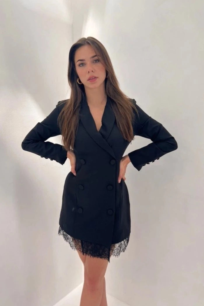 GOLDIE LONDON BLACK DOUBLE BREASTED BLAZER DRESS WITH LACE TRIM