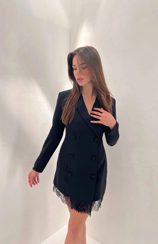 GOLDIE LONDON BLACK DOUBLE BREASTED BLAZER DRESS WITH LACE TRIM