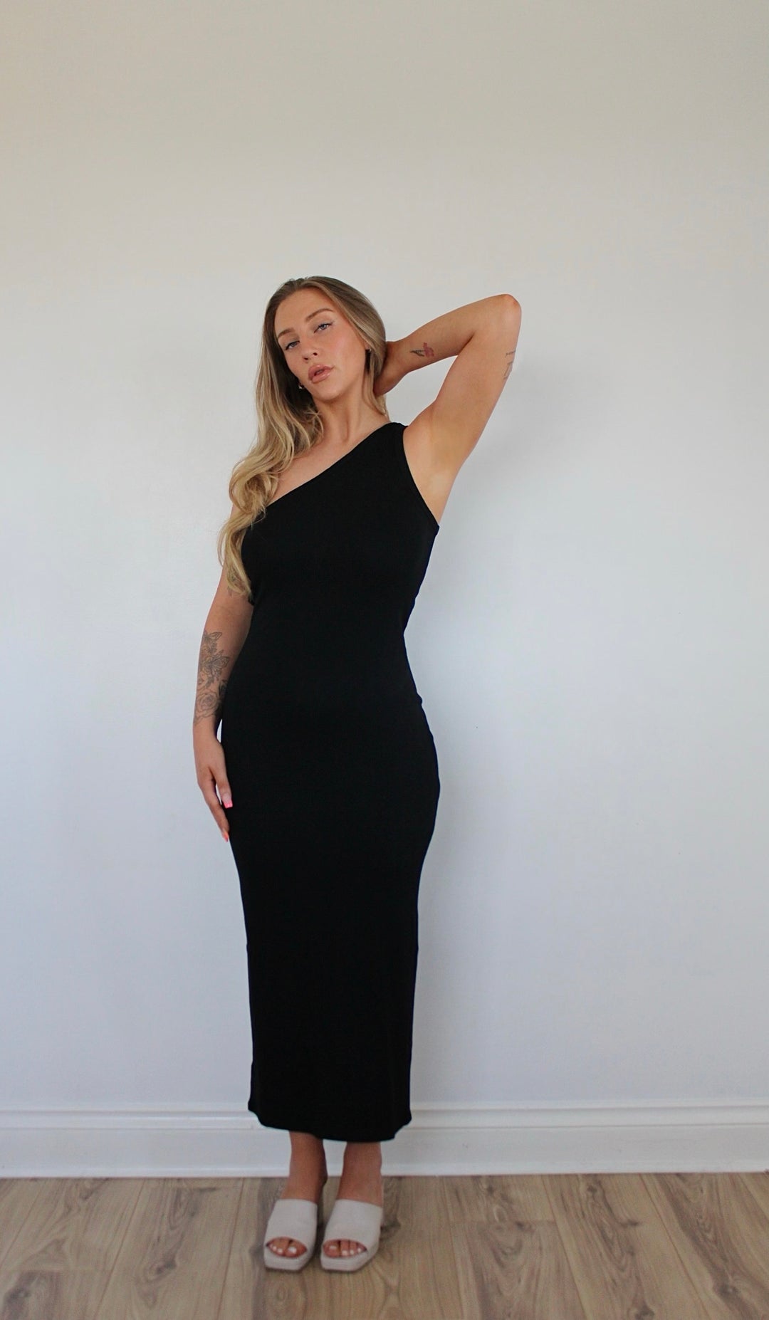 vero moda off shoulder dress VERO MODA ONE SHOULDER 7/8 DRESS IN BLACK – She Selected