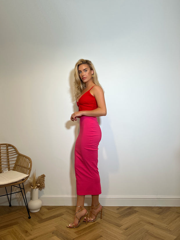 VESPER 247 ADELE MIDAXI DRESS IN PINK AND RED